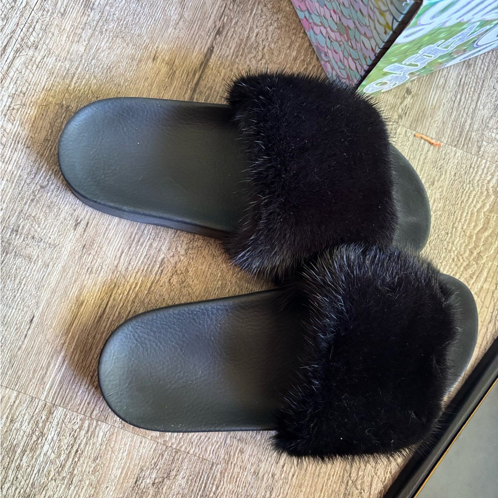 Givenchy Black Mink Fur Slide Sandals